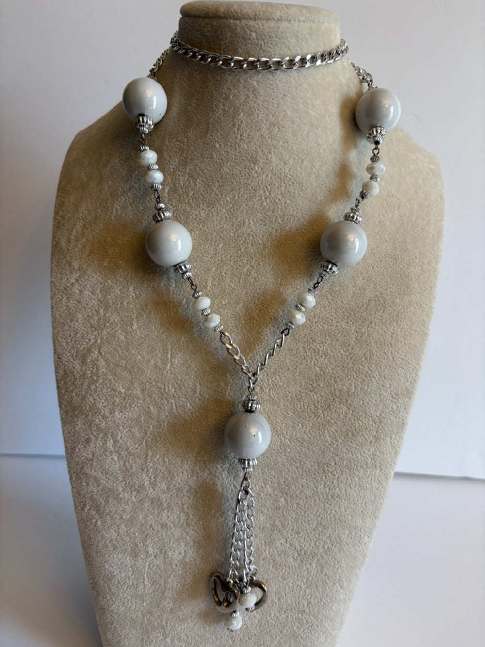 White Beaded Y Necklace w Silver Chain Tassel | Boho Layering Drop Necklace